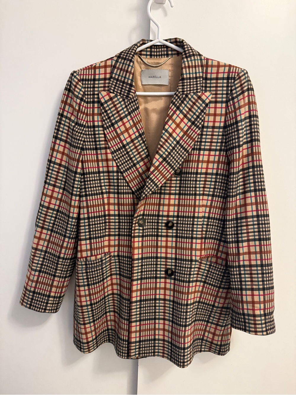 MARELLA Multicolor Plaid Double-Breasted Blazer with Beige Base